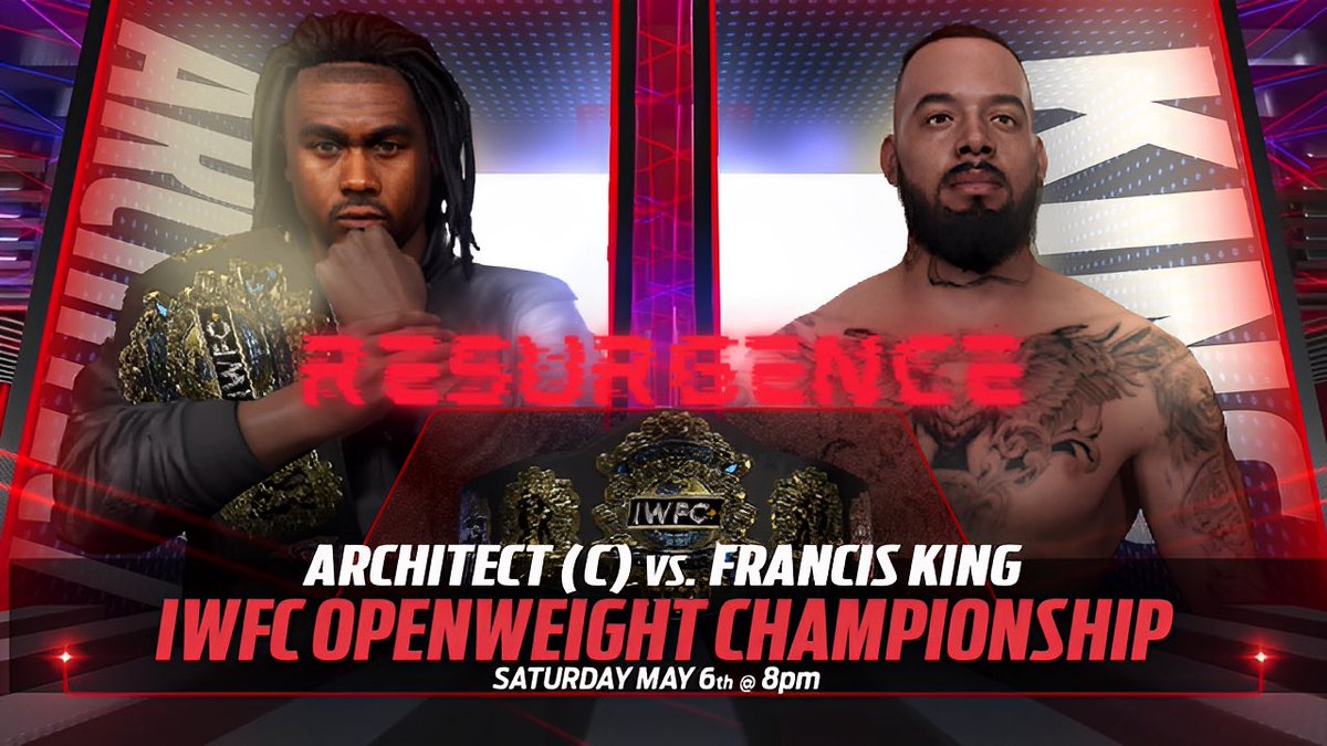 IWFC8's tweet photo. One match removed from his return back in an iwfc ring @ArchitectDO is defending his Openweight Championship against a man whose defied the odds @_FKingSwitch. Will Francis continue his undefeated streak or will Architect retain the gold? https://t.co/bBTyZAHrq0