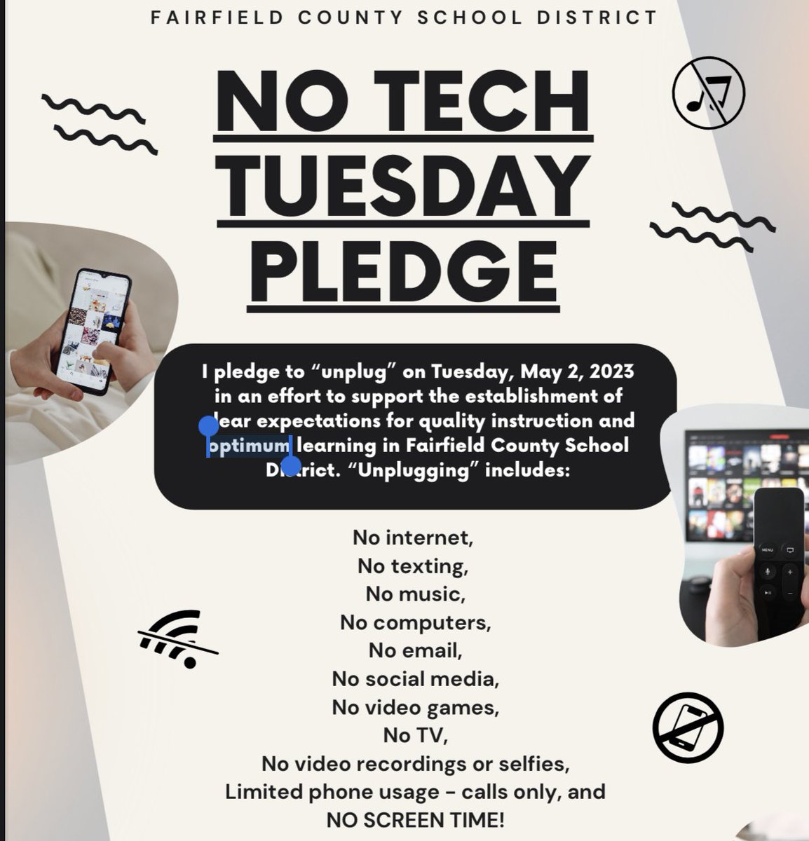 EducationWright's tweet photo. Alright parents we need your help! 
This Tuesday Fairfield County School District will be going back to the basics. Tech Free Tuesday! We are asking all of our parents and family members to dedicate at least one hour on Tuesday to be tech free. 
Take the pledge with us! https://t.co/ljjpU6dX27
