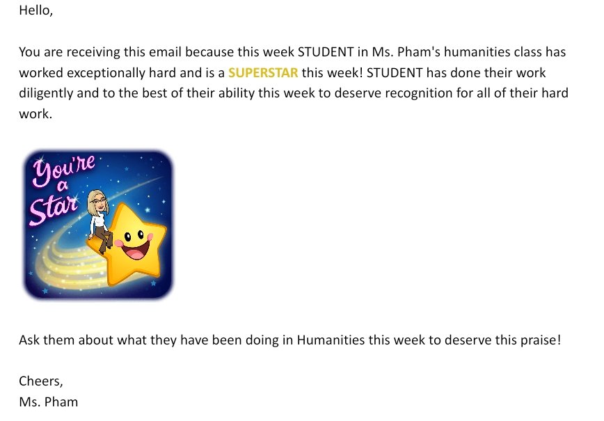Last week my 8s became ⭐SUPERSTARS⭐ and many of them received this email for their hard work! What's next? My 8s have asked for the change of name from superstars to "Pham Favourites" 😂 but I say they're all my "Phavourites" and I'm a "Phan" of all of them!!