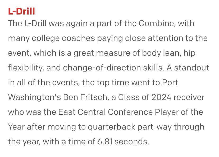 Super happy to have been able to compete at the WFCA combine this weekend ‼️ Thank you @travisWSN for the write up as well‼️

40 yard dash: 4.57s 
5-10-5 shuttle: 4.18s 
L-drill: 6.81s
Vertical: 36.7in
Broad jump: 9’8”
<a href="/GoPiratesFB/">Port Washington Football</a> #burntheships