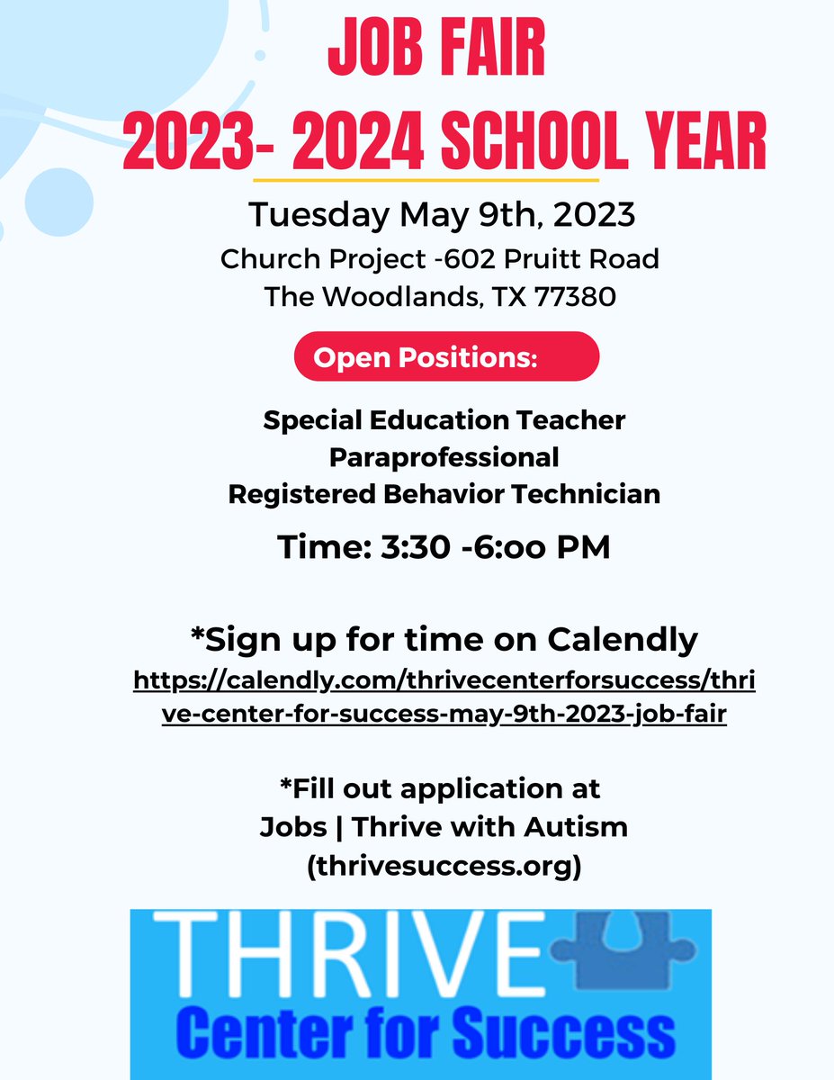 Are you interested in being a part of an innovative charter school that puts a focus on students with autism? If so, Thrive Center for Success is hosting a Job Fair on May 9th from 3:30-6:00pm. Sign up for a time to interview using this link: lnkd.in/gaqbjdZG      #Autism
