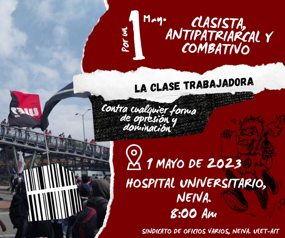 🔴Este primero de mayo nos vemos en las calles🚩🏴

📍Hospital Universitario Hernando Moncaleano. 

🕗8:00 AM

#Neiva #NoEsCualquier1Mayo #NosVemosEnLaCalle #PrimeroDeMayo #Huila