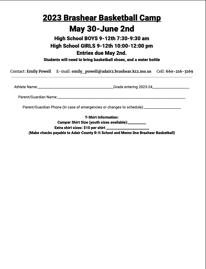 BHSBasketball5's tweet photo. Brashear Basketball Tigers!! Camp forms were sent home last week. They are available in the office , can print too. NO camp fee, we want as many of our Lady Tigers, Tigers and Future Tigers attending. Questions contact Coach Powell @ Emily_powell@adair2.brashear.k12.mo.us https://t.co/biEoREER5y