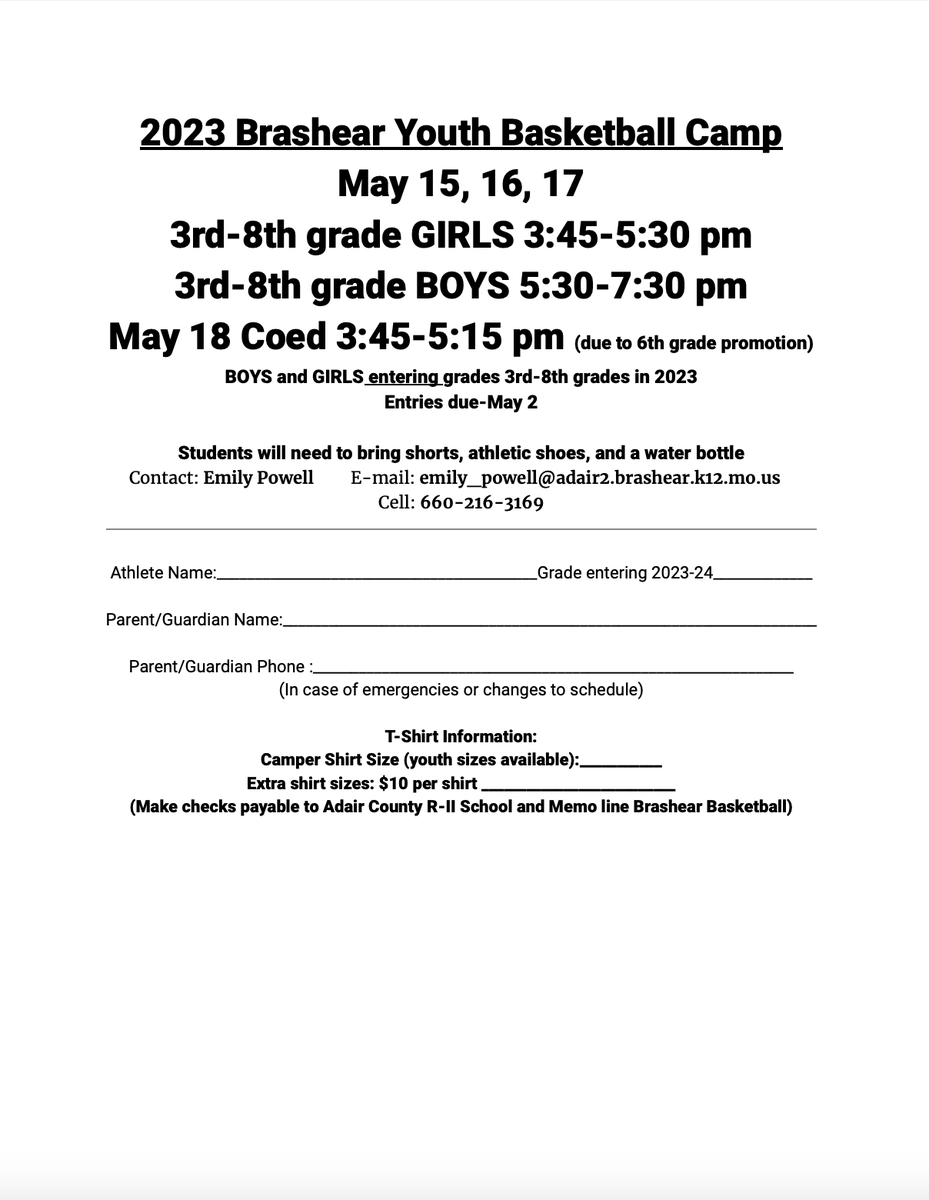 BHSBasketball5's tweet photo. Brashear Basketball Tigers!! Camp forms were sent home last week. They are available in the office , can print too. NO camp fee, we want as many of our Lady Tigers, Tigers and Future Tigers attending. Questions contact Coach Powell @ Emily_powell@adair2.brashear.k12.mo.us https://t.co/biEoREER5y