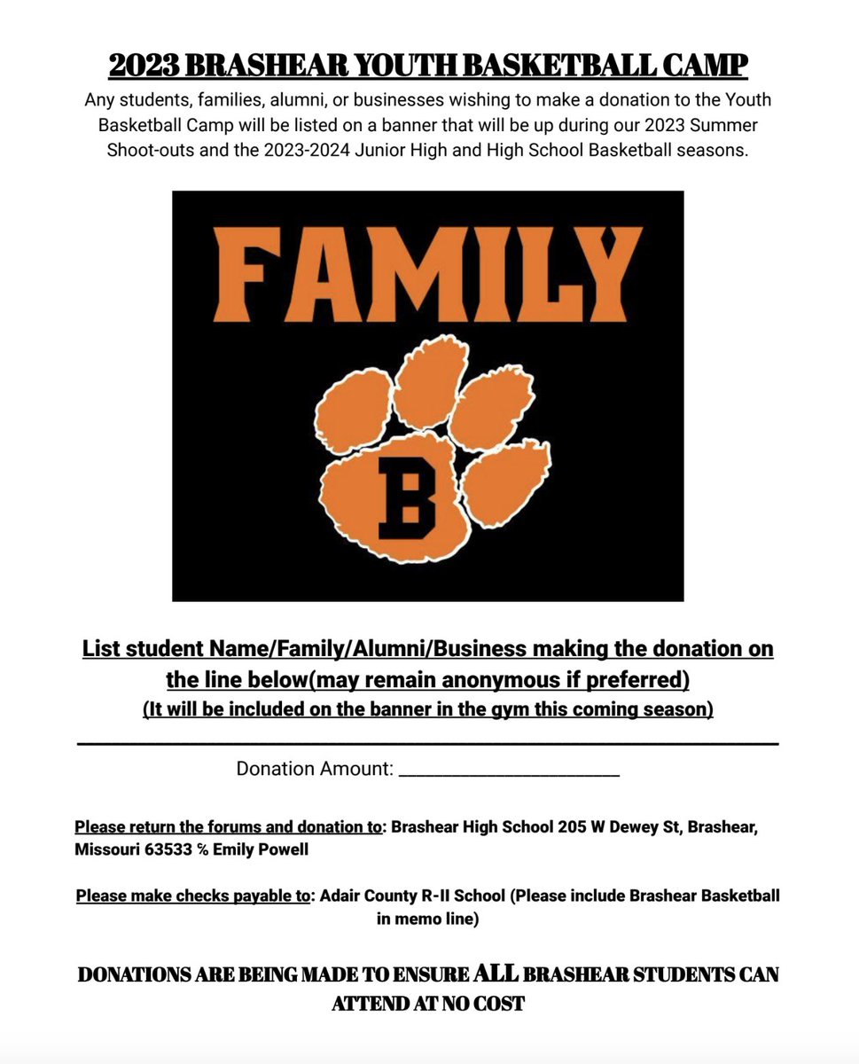 BHSBasketball5's tweet photo. Brashear Basketball Tigers!! Camp forms were sent home last week. They are available in the office , can print too. NO camp fee, we want as many of our Lady Tigers, Tigers and Future Tigers attending. Questions contact Coach Powell @ Emily_powell@adair2.brashear.k12.mo.us https://t.co/biEoREER5y