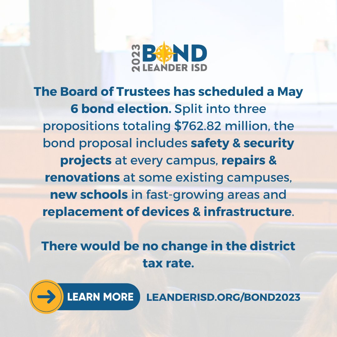 The LISD bond election is taking place Saturday, May 6.

Prop A: $698.33 million for school facilities, buses &amp; vehicles
Prop B: $50.82 million for tech equipment &amp; infrastructure
Prop C: $13.67 million for renovations to LISD’s 2 performing arts centers

leanderisd.org/bond2023