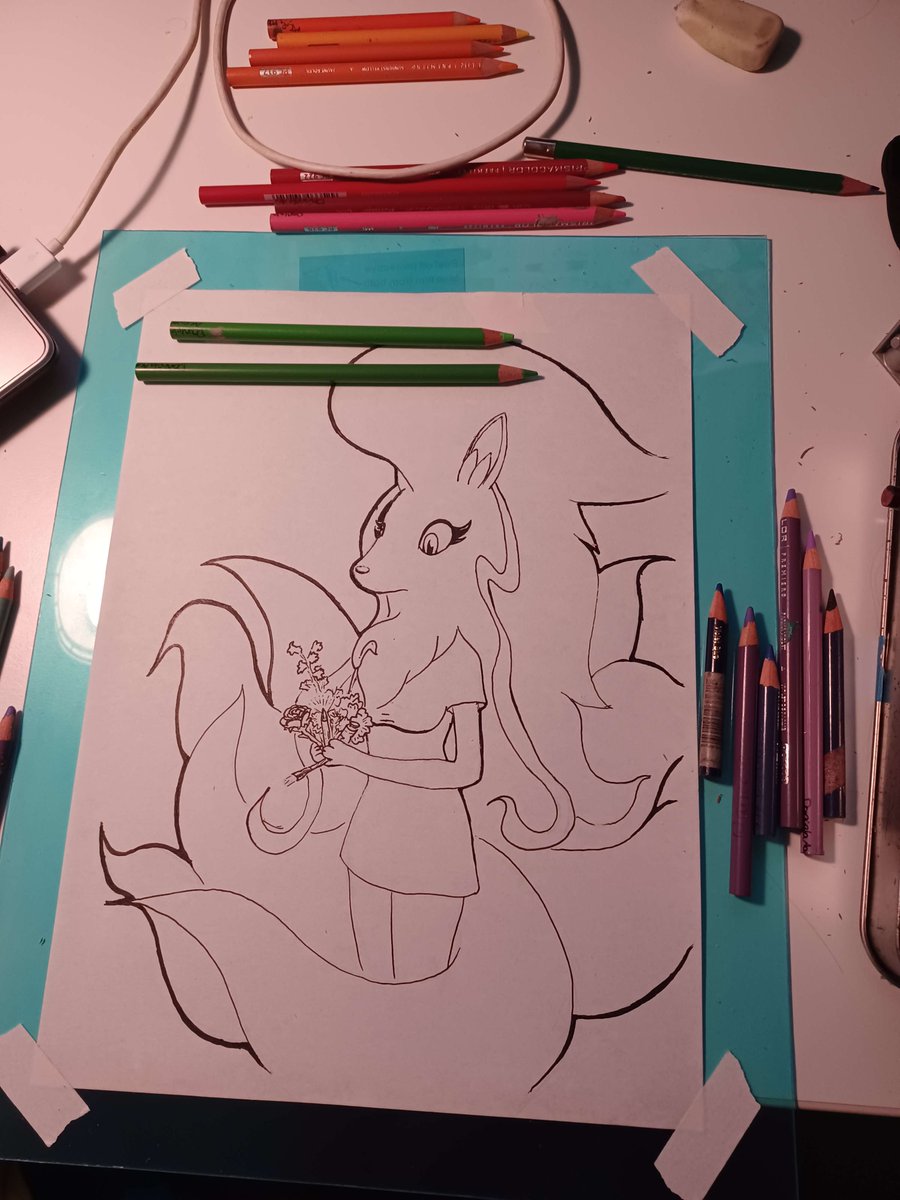 DeviceTamerSFW's tweet photo. Gathering her things in anticipation of what May brings 🌺🌹

It's been a while since I've done a traditional piece! Also my first time doing linework with a fountain pen :) https://t.co/NqoDmNorId