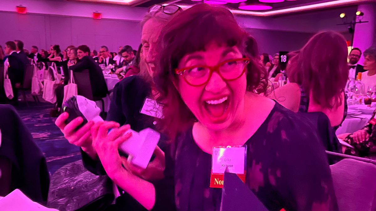 ErikaKrouse's tweet photo. I can't believe or understand this, but Tell Me Everything won an Edgar Award! I think I made it all up, but here are some goofy pictures that suggest otherwise! https://t.co/g9JkJGE7xn