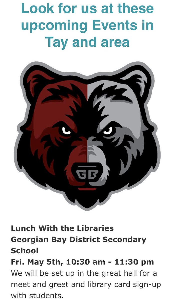 Mrs. Bumstead (@gbdss_bumstead) on Twitter photo Thanks <a href="/Tay_Library/">Tay Twp. Public Library</a> for the reminder for our <a href="/GBDBears/">Georgian Bay District Secondary School</a> students to stop by your table in the Great Hall this Friday! Thanks <a href="/Tay_Library/">Tay Twp. Public Library</a> for the reminder for our <a href="/GBDBears/">Georgian Bay District Secondary School</a> students to stop by your table in the Great Hall this Friday!