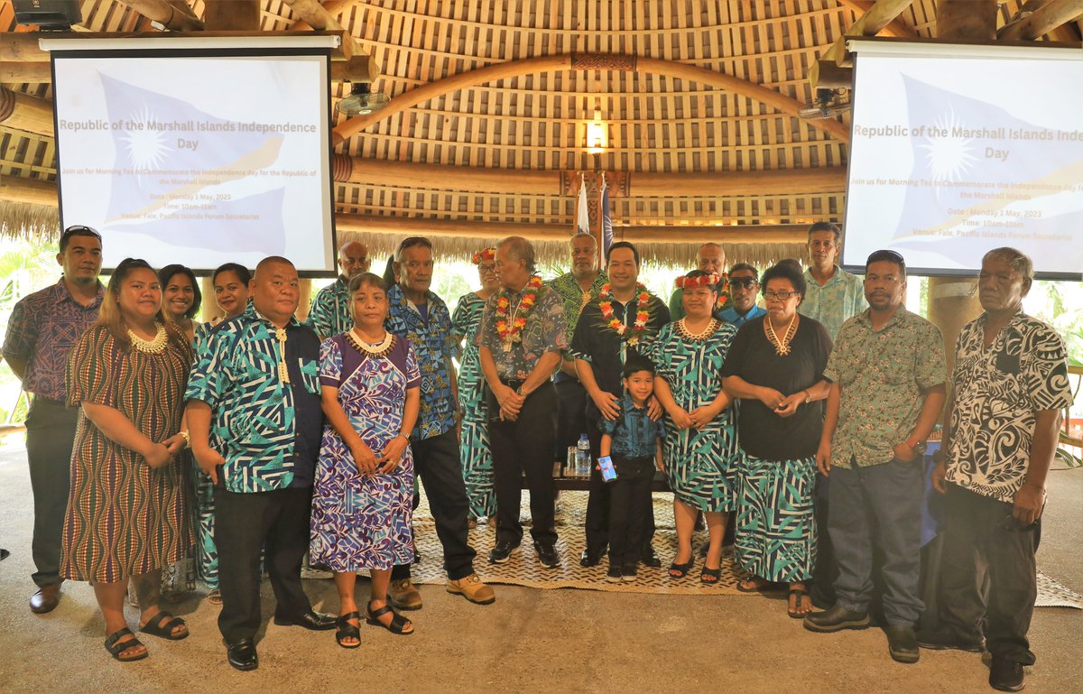 Iokwe and Happy 44th Constitution day to the beautiful people of the Republic of the Marshall Islands 🇲🇭 Today, Forum staff observe #JemeneiDay with RMI Amb to Fiji, H.E. Junior Aini, his staff and USP RMI students. RMI joined the Forum Family in 1987.