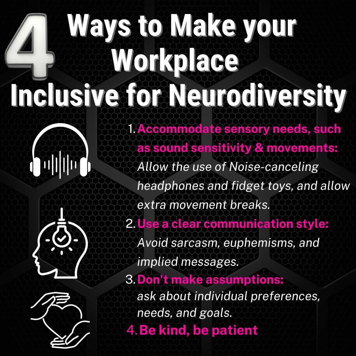 theciagent's tweet photo. To CATALYZ Autism Awareness &amp; Advocacy, here are some ways that you can make a more inclusive workplace #opportunity #autismsupport #DEI #autismawareness #equalityanddiversity #autismintheworkplace #neurodiversityinbusiness #neurodiversity #ASD #neurodiversityatwork #catalyz https://t.co/iyPIY0PVXc