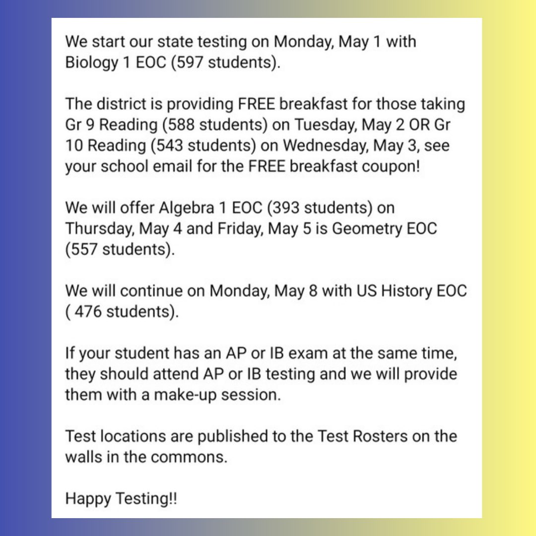 These next few weeks will have an enormous amount of testing, so make sure to look at our 2nd slide for critical info on these next few weeks! Good luck to everyone’s exams!