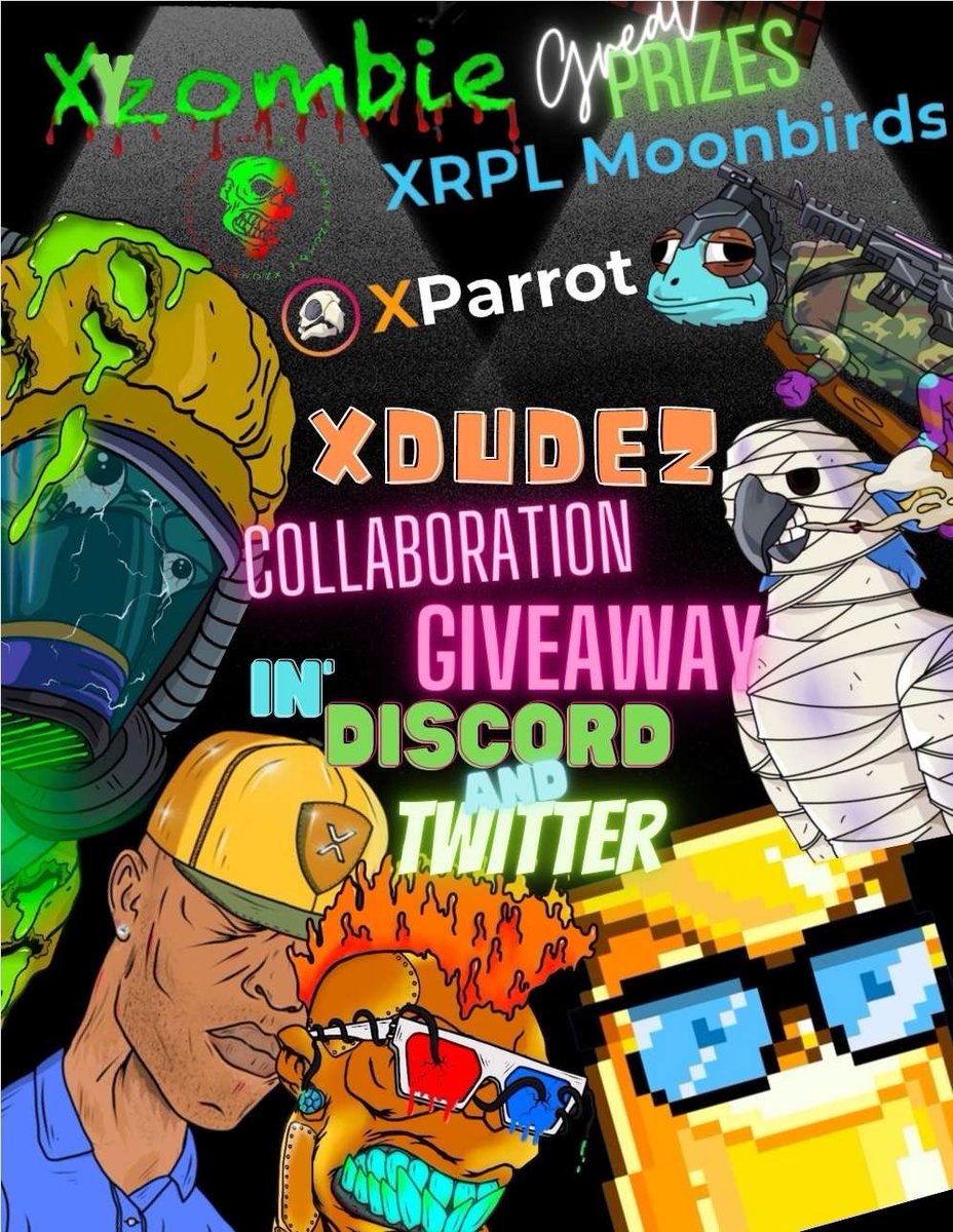 BIG XRPL NFT GIVEAWAY! 

5 NFTs 1 each (this tweet)
⁃ 3 #XRPLMoonbirds 
⁃ 1 #XParrots 
⁃ 1 #xchameleons 

4 NFTs 1 each (their tweet)
⁃ 1 #zpunks 
⁃ 1 #XDudes 
⁃ 1 #zAnimals
- 1 #XZombie 

To enter:
⁃ Follow <a href="/XparrotsNFT/">XParrots / XRPL 🦜</a> <a href="/xrplzombie/">XZombie & GRUMPYZ</a> 
⁃❤️/RT/Tag 3
- Post your NFT

End:72HR