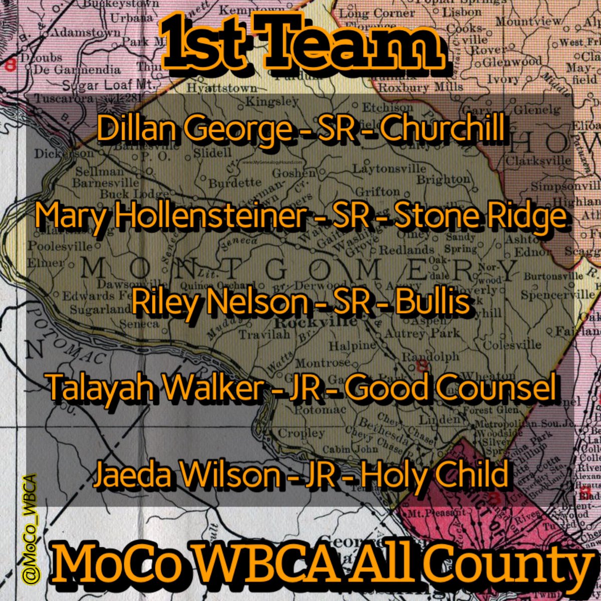 1st team #MoCoWBCA #AllCounty - skilled, stat stuffing players!

George - 19.3 PPG, 5.1 RPG, 4.9 APG
Hollensteiner - 20+ PPG, 5+ RPG
Nelson - 16.6 PPG, 10.9 RPG, 2.5 APG
Walker - 20+ PPG, 6+ RPG
Wilson - 14 PPG, 4 RPG, 3 APG

👏 Dillan, Riley, & Mary on incredible HS careers! 👍