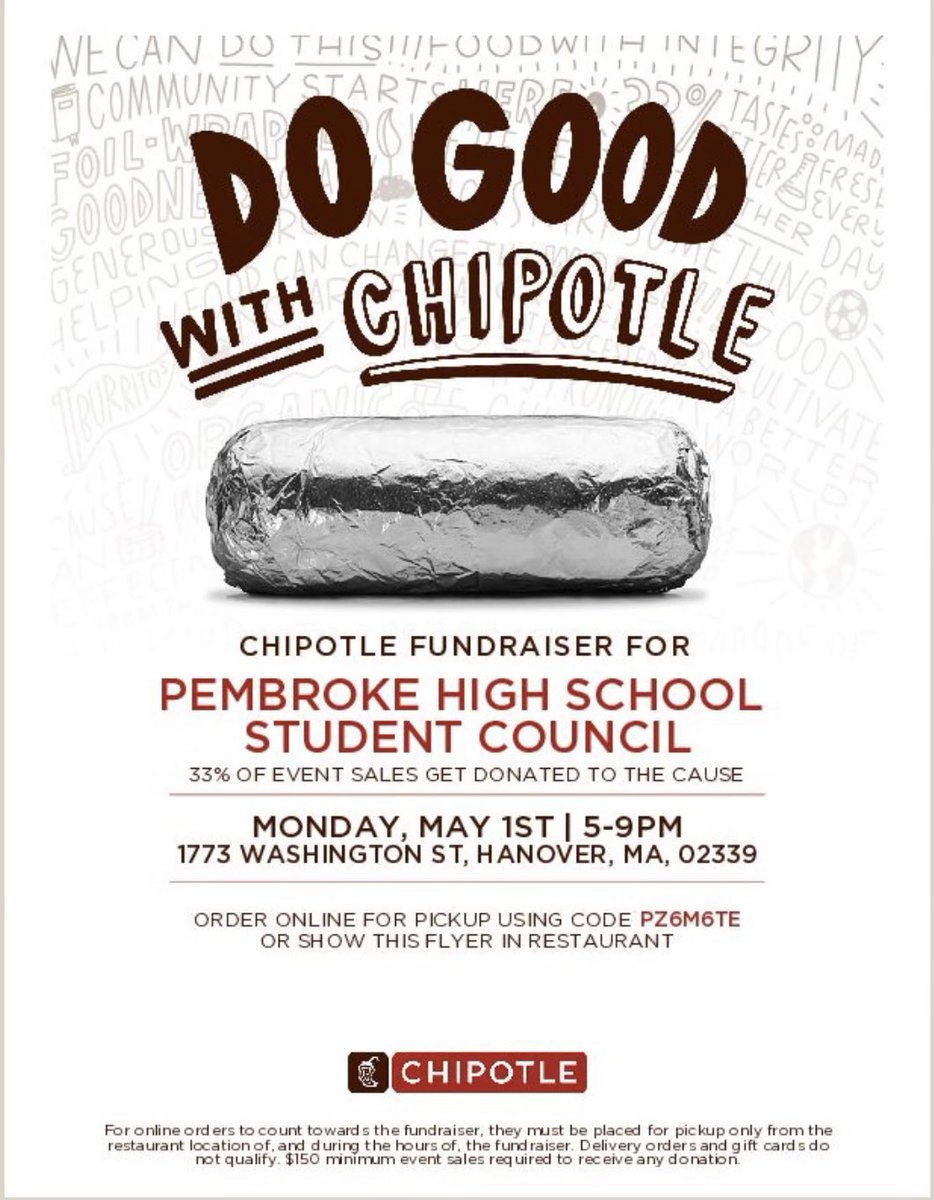 PHSSTUCO24's tweet photo. Please come support the class of 2024 tomorrow (May 1st) with our Chipotle fundraiser!! 5-9pm in Hanover 🌯 https://t.co/B6blHDz4ZO