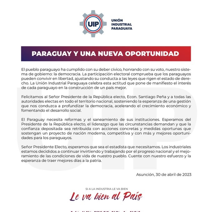 AM_1080's tweet photo. Pronunciamiento de la Unión Industrial Paraguaya tras las Elecciones Generales.
#PyVota #PyVota2023 #AM1080 https://t.co/XyTBZtP1BC