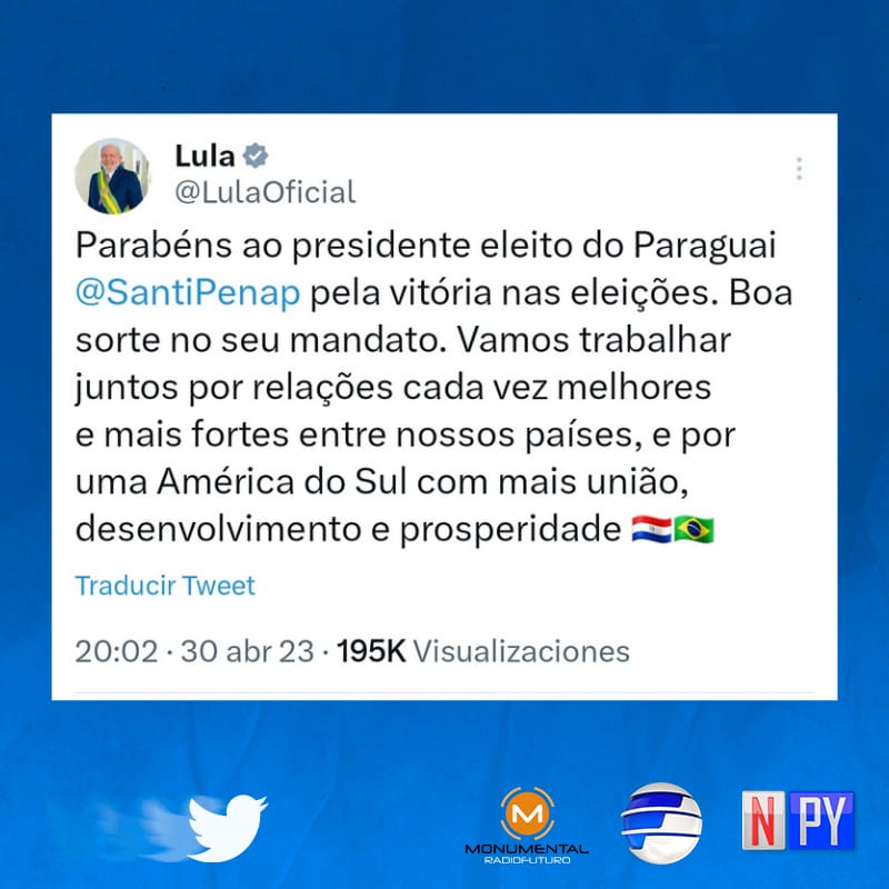 npyoficial's tweet photo. El presidente de Brasil, Lula Da Silva, felicita a Santiago Peña por su triunfo en las elecciones presidenciales y le desea buena suerte en su mandato.
#PyVota #PyVota2023 #NPY #NosConectaSiempre https://t.co/0I6uI2uzVO