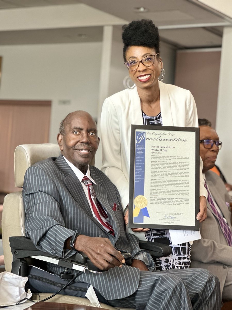 CD4Monica's tweet photo. I was proud to present a proclamation to Pastor James Linzie Whitmill as he celebrates retirement after 43 years of serving San Diego’s historic Mt. Zion Missionary Baptist Church.
We’re so grateful for Pastor Whitmill’s unwavering service to the community. Congratulations! https://t.co/VI4YMPcsVx