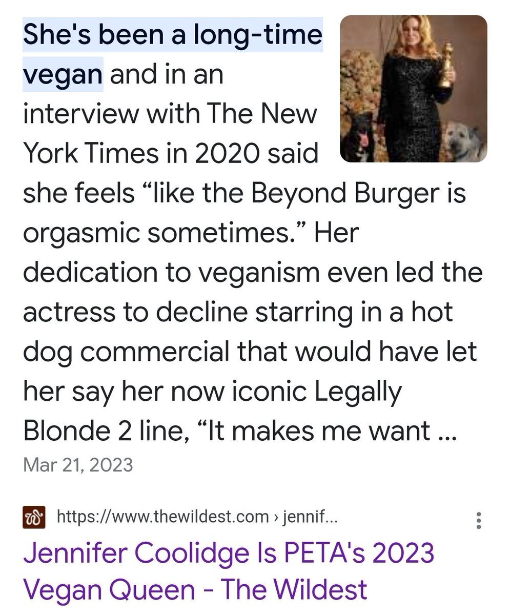 AquafabaMcGee's tweet photo. I had no idea.
Why is nobody talking about this vegan queen?? 😍

#jennifercoolidge #veganqueen https://t.co/ahQQNC9K3H