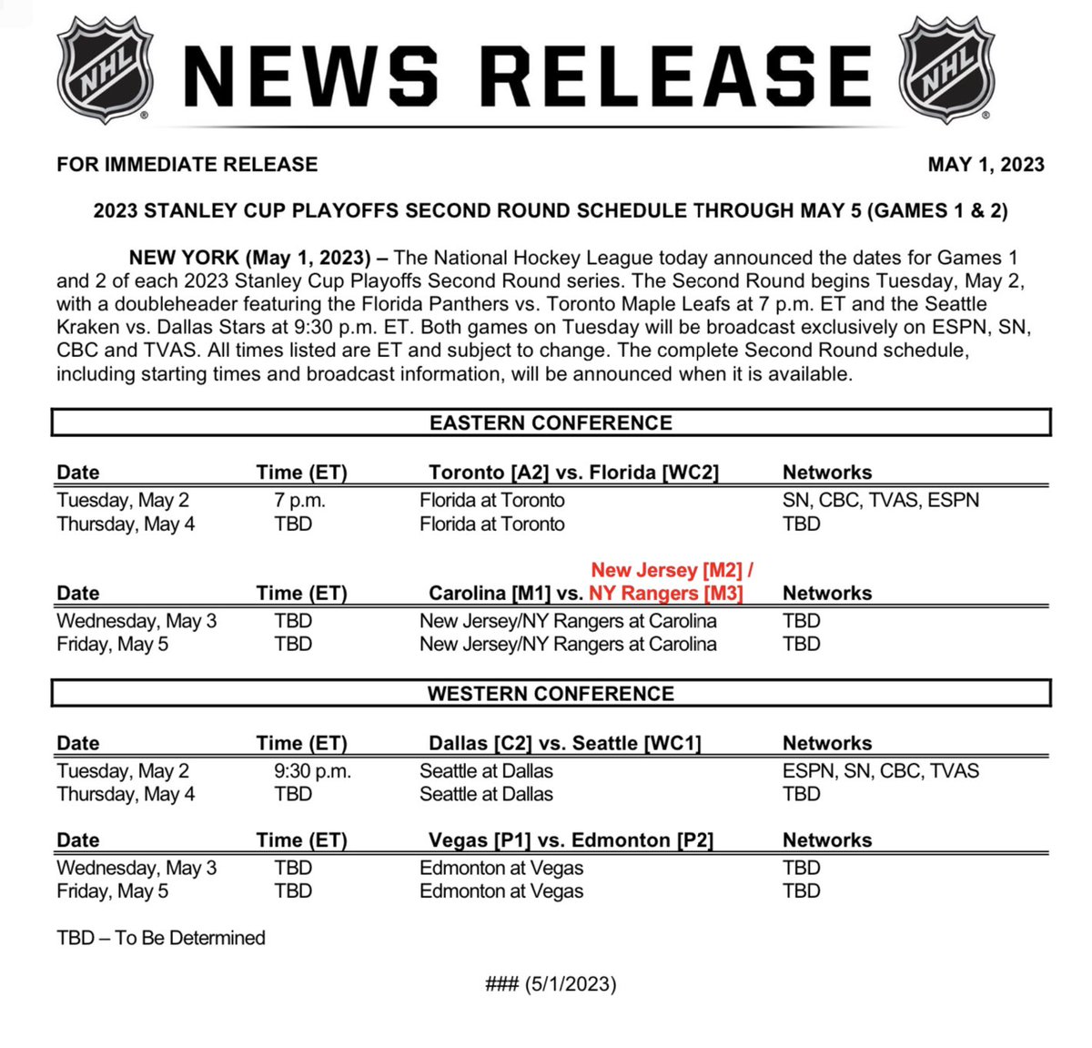 fangsbites's tweet photo. The NHL has established the dates for the first two games of Conference Semifinals for the Stanley Cup Playoffs. Start times have been set only for Tuesday, May 2. https://t.co/ZzuIGaIoCD