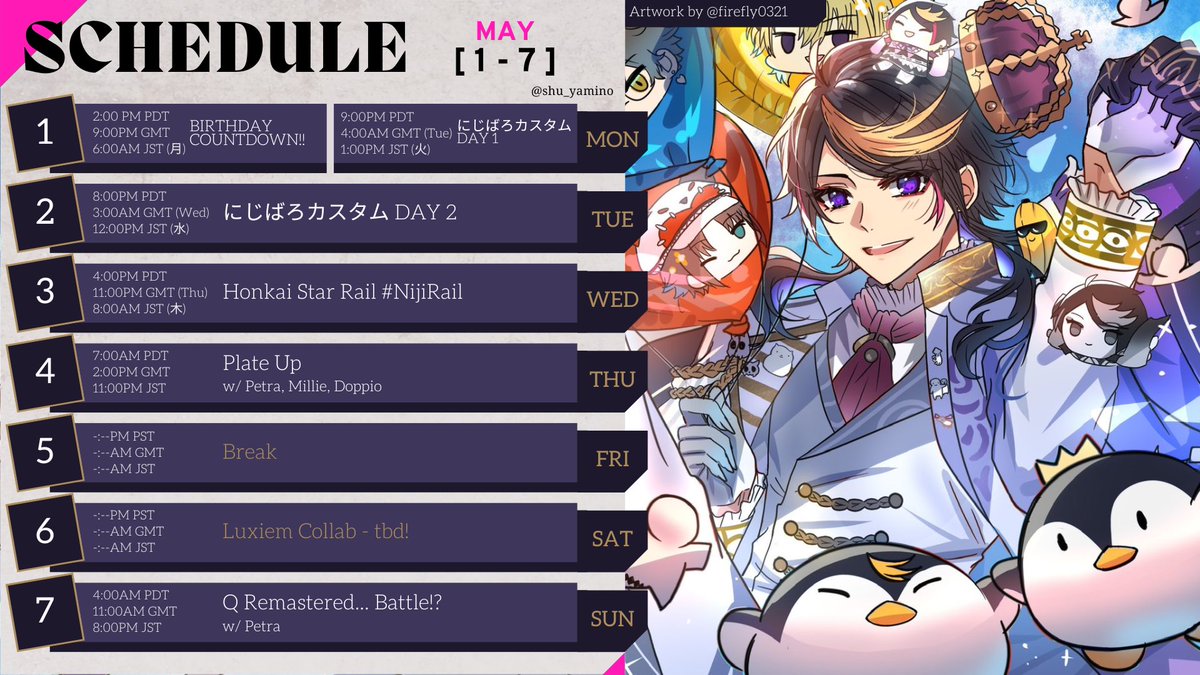 shu_yamino's tweet photo. 👟Schedule!☯️

yuh

Hashtags 👟 
General - #ShuYamino 
Live Tag - #Yaminow 
Art - #YaminoArt 
Memes - #ShuNanigans 
Clips - #ShuClip #ShuClipEN #ShuClipJP 
Stream Assets: #YaminoAssets
Thumbnails: #Shumbnail
NSFW - #Shussy 
Cosplay Tag - #DressLikeShu
Fan Name - Yaminions https://t.co/evy5JHGfIY