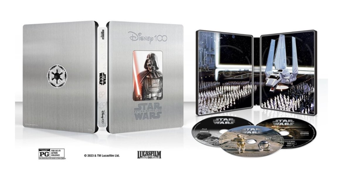 StarWarsVisComp's tweet image. Nothing says “film history” like celebrating the 100th anniversary of the company that wasn’t involved with the #StarWars Trilogy’s production with ugly steelbooks containing the 19SE, instead of, you know, film history. #ReleaseTheOriginalTrilogy