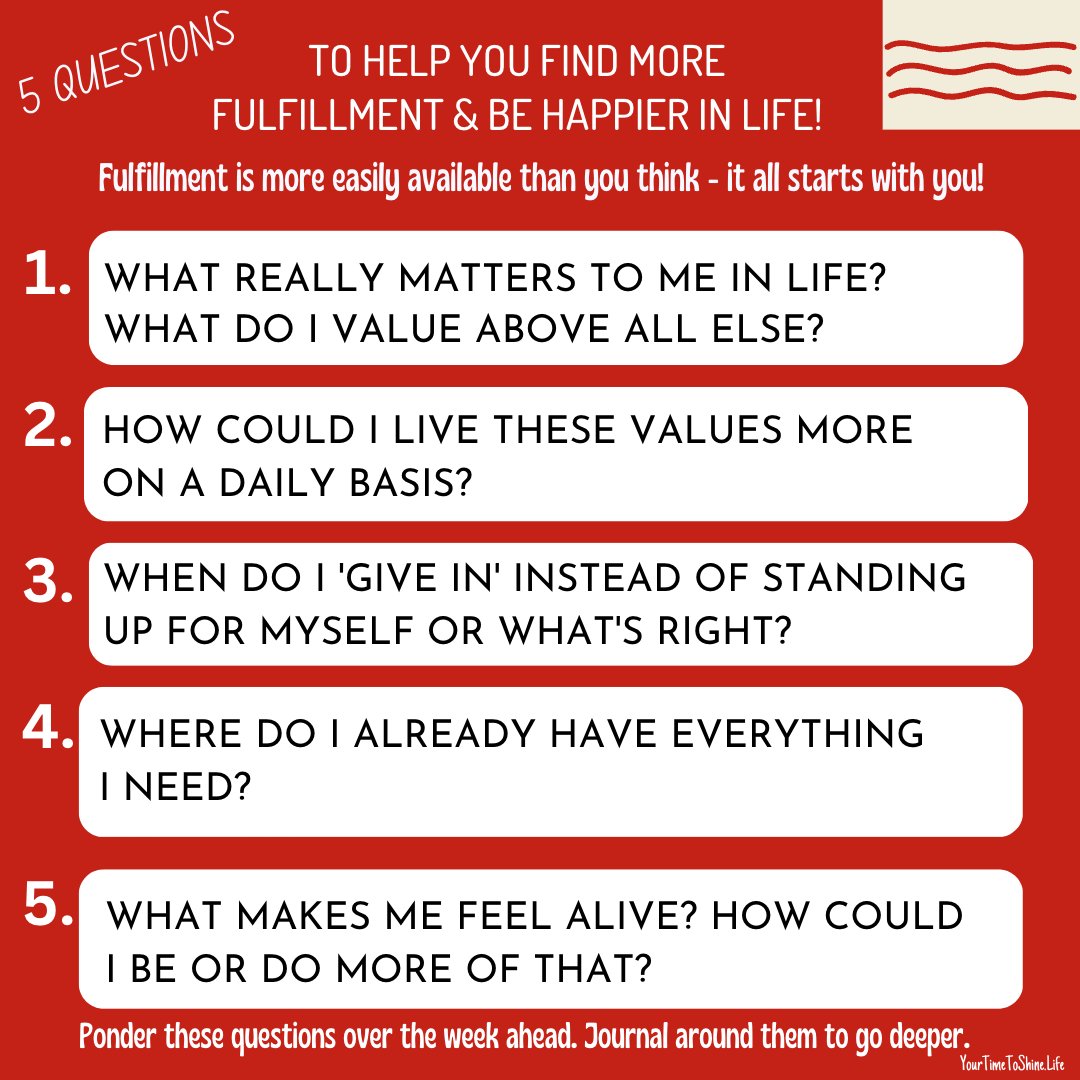 YrTimeToShine's tweet image. Fulfillment is more easily available than you think. Use this week’s 5 questions to help you find more fulfillment and be happier in life! #fulfillment #fulfilment #Findfulfillment 🌻