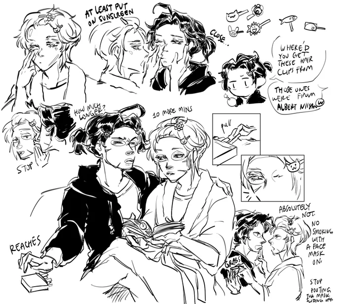 adds to sherliam modern au doodles / skin care, hair clips, pouty bfs