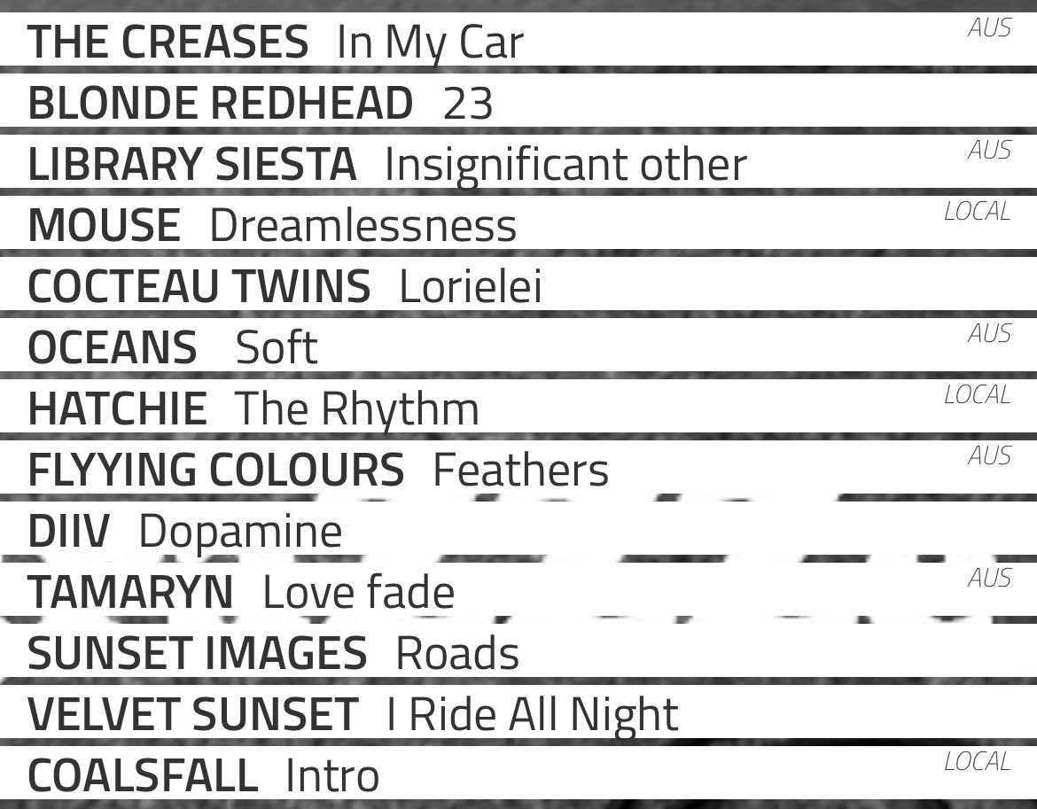 shoegrazzze's tweet photo. Thanks to long time @4zzzradio subscriber and general all round good day, Steve, for curating this weeks show. Listen in #ondemand
@BlondeRedhead #thecreases @smolm0us3 #cocteautwins @hihatchie @oceansmusic_ @DIIV @FlyyingColours #tamaryn #coalfalls @4000Records #sunsetimages https://t.co/jdsezf34D3
