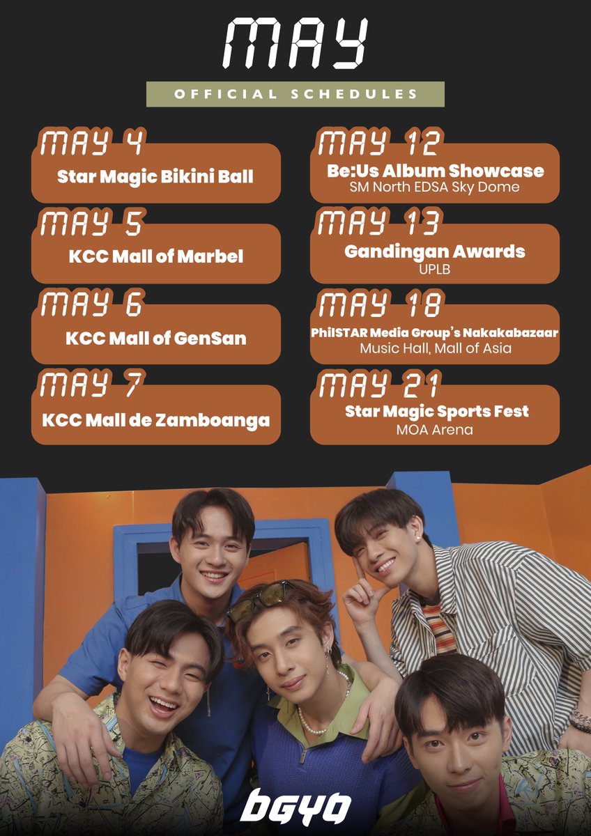 bgyo_ph's tweet photo. #BGYO | ✨️ Be Us Album Showcase szn ✨️

May is going to be an unforgettable month of music, memories, and surprises! 👀🤭 Don't forget to mark your calendars and see you at our events! 🗓

#BGYO_MayFullOfSurprises https://t.co/RACYvfT7X9