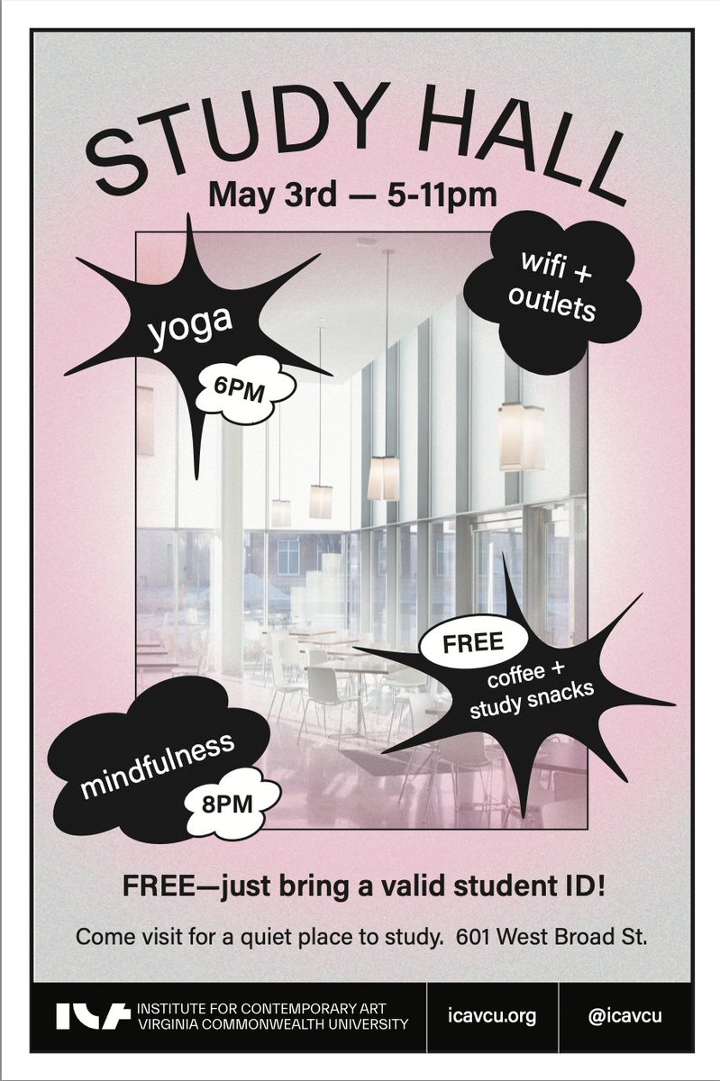 verogarabelli's tweet photo. STUDENTS:  @ICAVCU  is hosting a study hall on Wednesday! Don't miss this great opportunity to get access to some fantastic resources during finals. https://t.co/sLVtOtro4Q