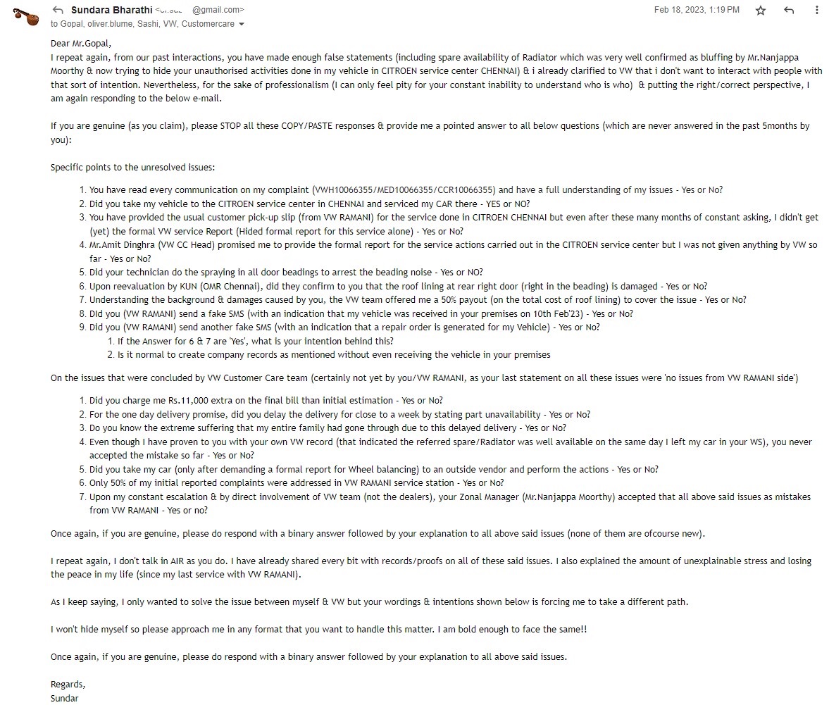 SuBha_Er's tweet photo. @volkswagenindia @VWGroup @VW @volkswagen @Piyush_Arora_ 
Volkswagen is Ethical &amp; Trust worthy org?
- Multiple issues n complaints (Refer VWH10066355)
- No response to any pointed questions
- Fake records &amp; bluffings
- Accepted as mistake but offered 50% pay out 
#VWCheatsU
(1/2) https://t.co/srAtWVmPjh