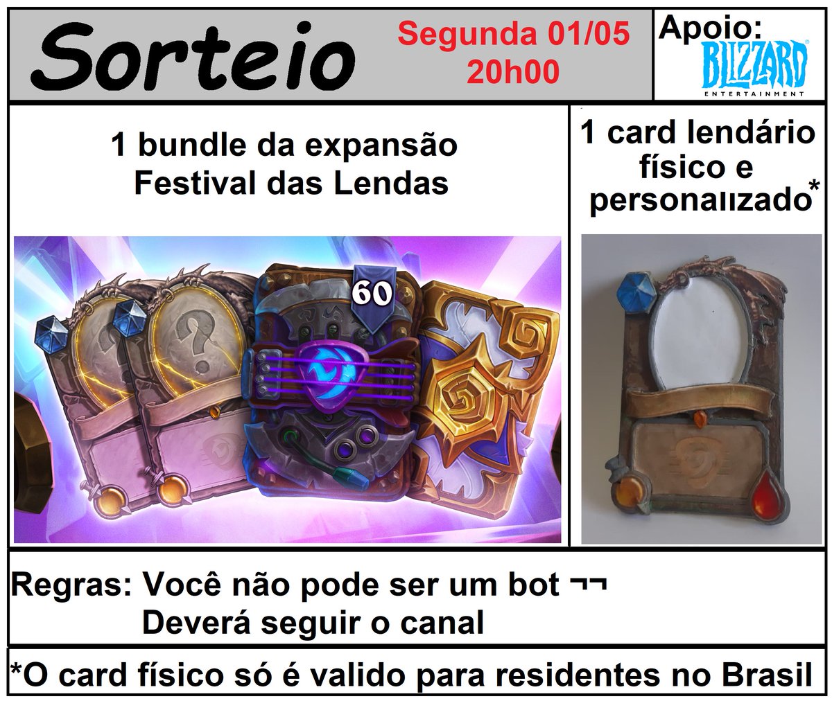 Salve pessoal!
Amanhã estarei sorteando no meu canal, por volta da 20h00, um bundle da nova expansão do Hearthstone. E isso não seria possível sem o apoio da <a href="/PlayHearthstone/">Hearthstone</a> / <a href="/PlayHSBrasil/">Hearthstone 🇧🇷</a>  e principalmente da <a href="/_daycris_/">Day</a> e do <a href="/SputNico_/">Nico, Sput 🧐</a> , a quem agradeço demais pelo suporte.