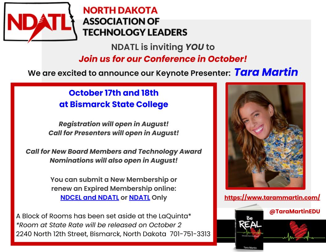 Mark your calendars!  Registration and call for presenters will open in August!  Join us for our <a href="/ndatl/">NDATL</a> Annual Conference and <a href="/TaraMartinEDU/">Tara M Martin</a> keynote!