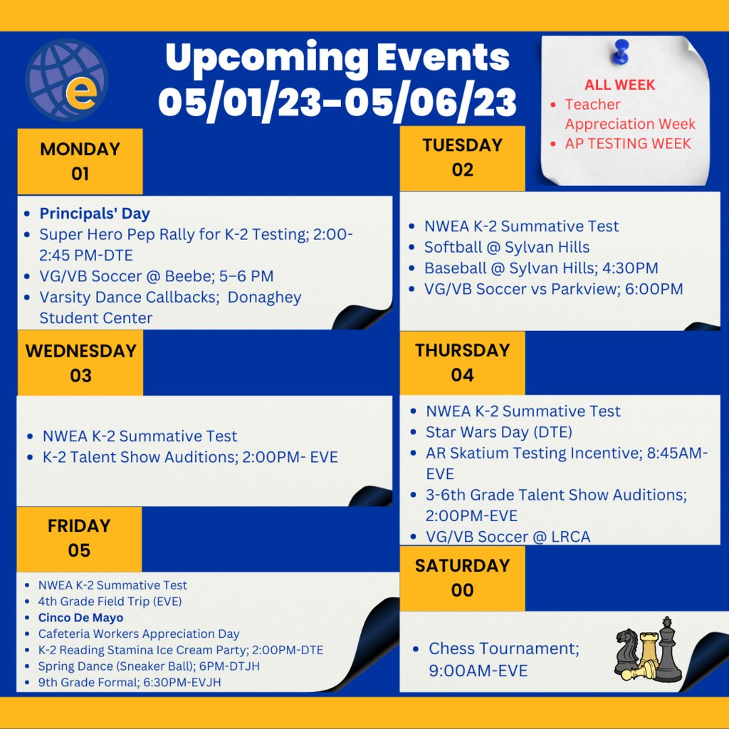 Can't believe that May is already upon us! There are so many fun events happening at our schools and so much to celebrate! Here is your list of this week's upcoming events.