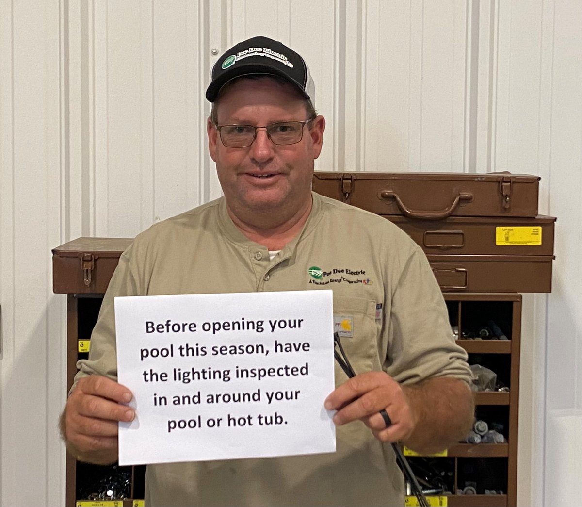 Have a hot tub or opening a pool this summer?  Pee Dee's Vegetation Management Specialist, Scott Simmons, reminds us to have the lighting inspected in and around our pools and hot tubs. #ElectricalSafetyMonth #PoweringABrighterFuture #SafetyAtPeeDee