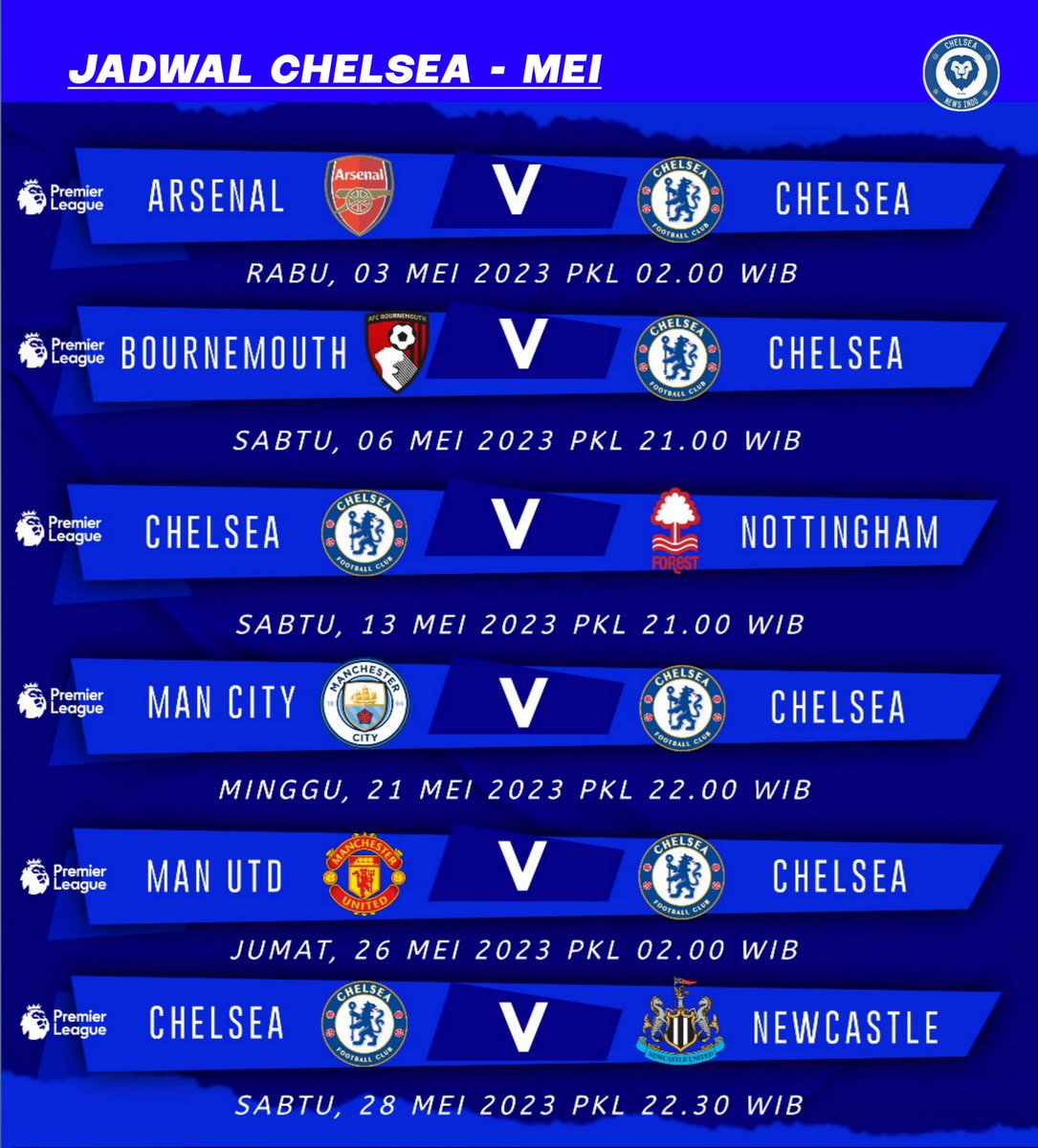 📜 Jadwal Mei. Bulan penuh cobaan berlanjut. Kira-kira dapat berapa poin dari laga-laga di bawah. 

#CFC #JadwalChelsea