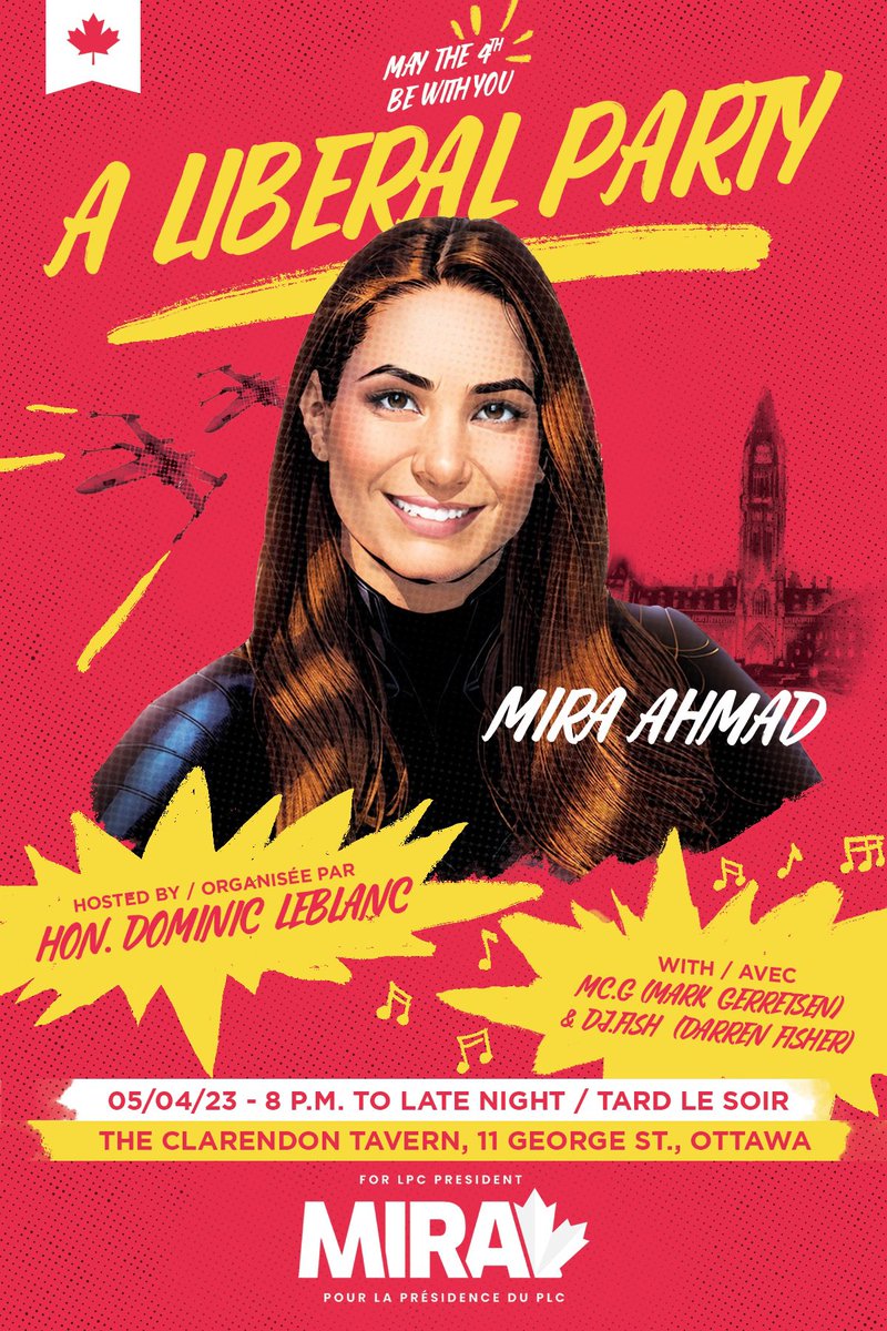 Mira Ahmad (@mirasahmad) on Twitter photo A short time from now in a tavern not too far away…
Rejoignez-moi, <a href="/DLeBlancNB/">Dominic LeBlanc</a>, <a href="/MarkGerretsen/">Mark Gerretsen 🇨🇦 🇺🇦</a>, et <a href="/DarrenFisherNS/">Darren Fisher</a> pour une fête libéral 🎉 Jeudi à 20h.
May the Fourth be with you… and may YOU be with us on the fourth! See you at The Clarendon!
RSVP: miraahmad.ca/rsvp A short time from now in a tavern not too far away…
Rejoignez-moi, <a href="/DLeBlancNB/">Dominic LeBlanc</a>, <a href="/MarkGerretsen/">Mark Gerretsen 🇨🇦 🇺🇦</a>, et <a href="/DarrenFisherNS/">Darren Fisher</a> pour une fête libéral 🎉 Jeudi à 20h.
May the Fourth be with you… and may YOU be with us on the fourth! See you at The Clarendon!
RSVP: miraahmad.ca/rsvp