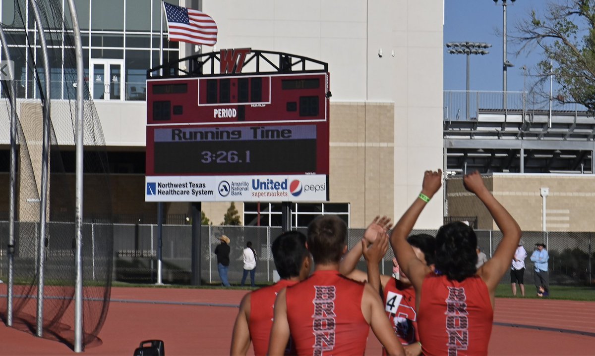 #SonoraBroncos 1600m Relay Team looking at their Gold Medal winning time on the scoreboard at West Texas A&amp;M for the Region 1 2A Track Meet