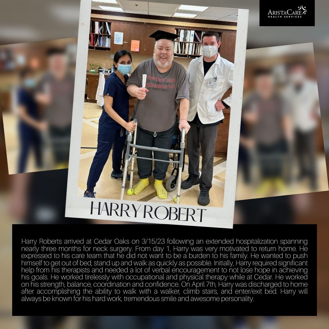 REHAB SUCCESS STORY! ✨ 

Our center, AristacareCare at Cedar Oaks, held a beautiful rehab graduation ceremony for Mr. Harry Robert and we are so proud of his progress! 

Thank you to our entire team for another job well done!

#AristaCare #aristaCARES #RehabSuccess