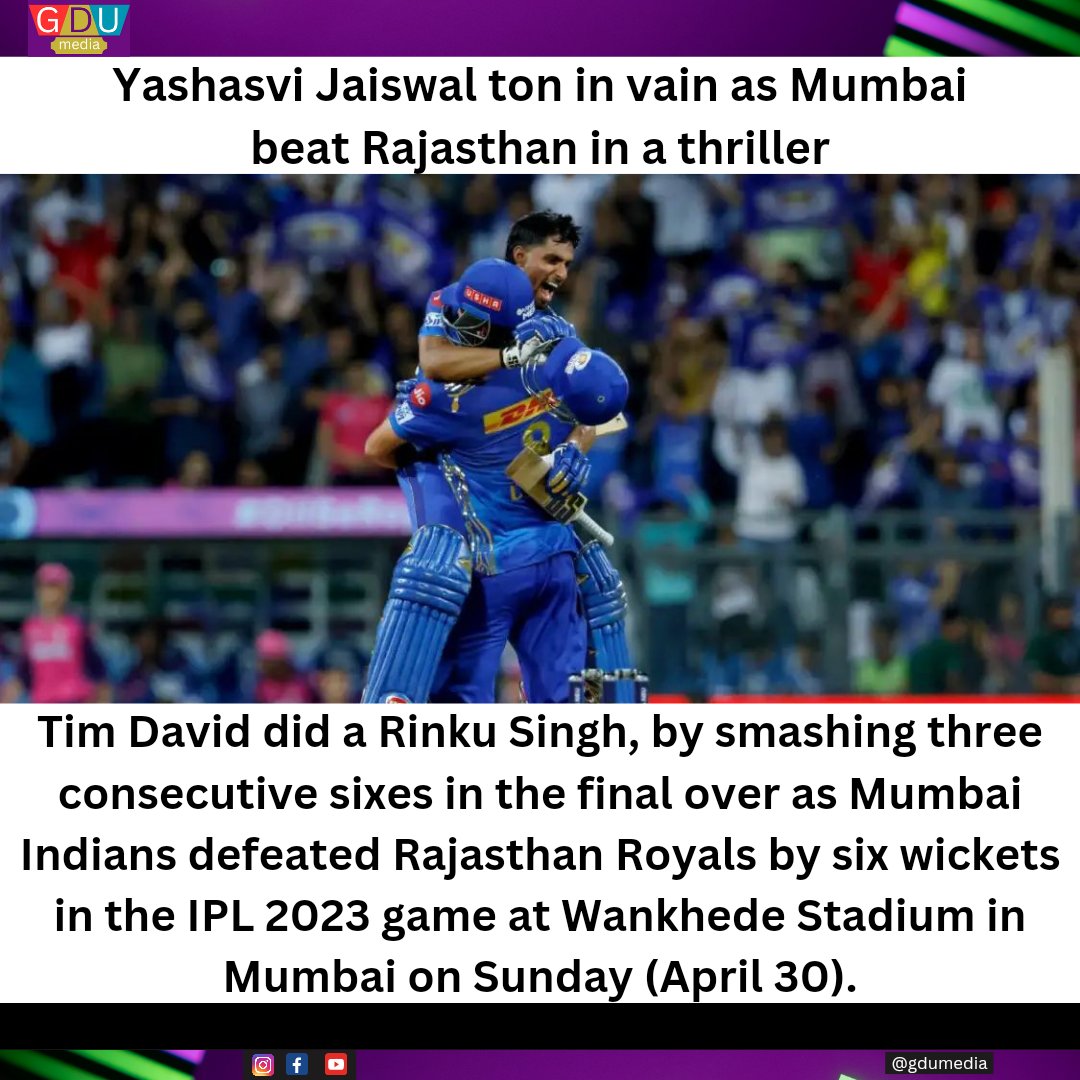 GduMedia19941's tweet photo. Mumbai Indians defeated Rajasthan Royals by six wickets.

#MIvsRR #WIN https://t.co/2DC3E88ZKH