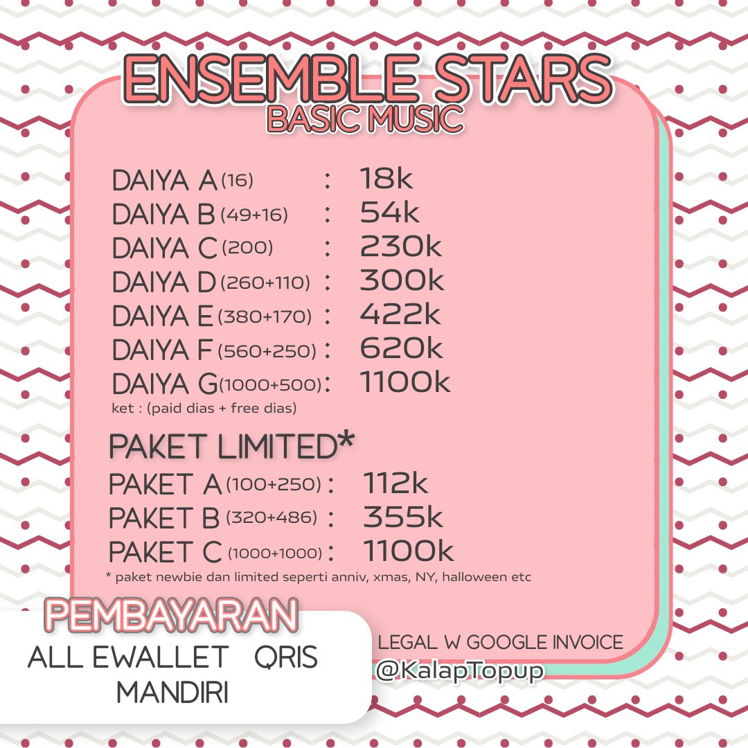 KalapTopup's tweet photo. Topup Enstars dan proseka TURUN HARGA untuk awal mei

Pack anniv 8 enstars sama kayak di foto ya, select 5★ nya sama seperti harga pack B https://t.co/QkgV1cwpK4