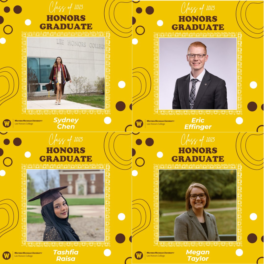 LeeHonorsCol's tweet photo. Join us in celebrating our Spring 2023 @LeeHonorsCol graduates! We are incredibly proud of our graduating students and their amazing accomplishments. View our photo album to learn more about some of our spring grads and congrats, #HonorsBroncos! https://t.co/8rRDmESYZL #WMUGrad https://t.co/b9G2LAsw6F