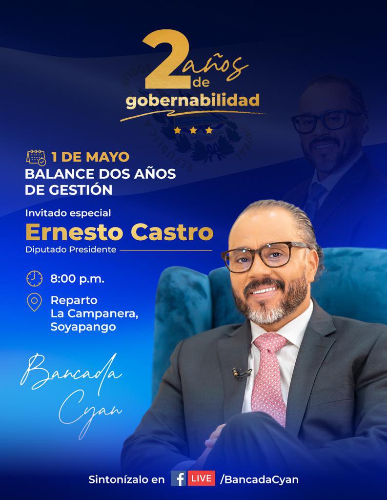 ¡Atención! 📢 Mañana, lunes 1 de mayo, a las 8:00 p.m., nuestro diputado presidente <a href="/ECastroES/">Ernesto Castro</a> ofrecerá un balance sobre el #TrabajoLegislativo de dos años de gestión desde el reparto La Campanera, Soyapango. ¡No te lo pierdas! Sigue la entrevista en nuestras plataformas