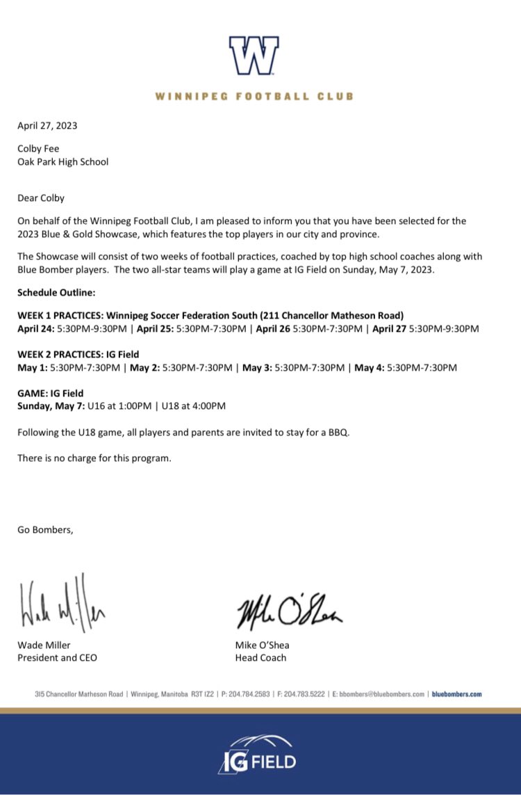Thank you to the <a href="/Wpg_BlueBombers/">Winnipeg Blue Bombers</a> for the opportunity to play in the 2023 Blue &amp; Gold Showcase game!