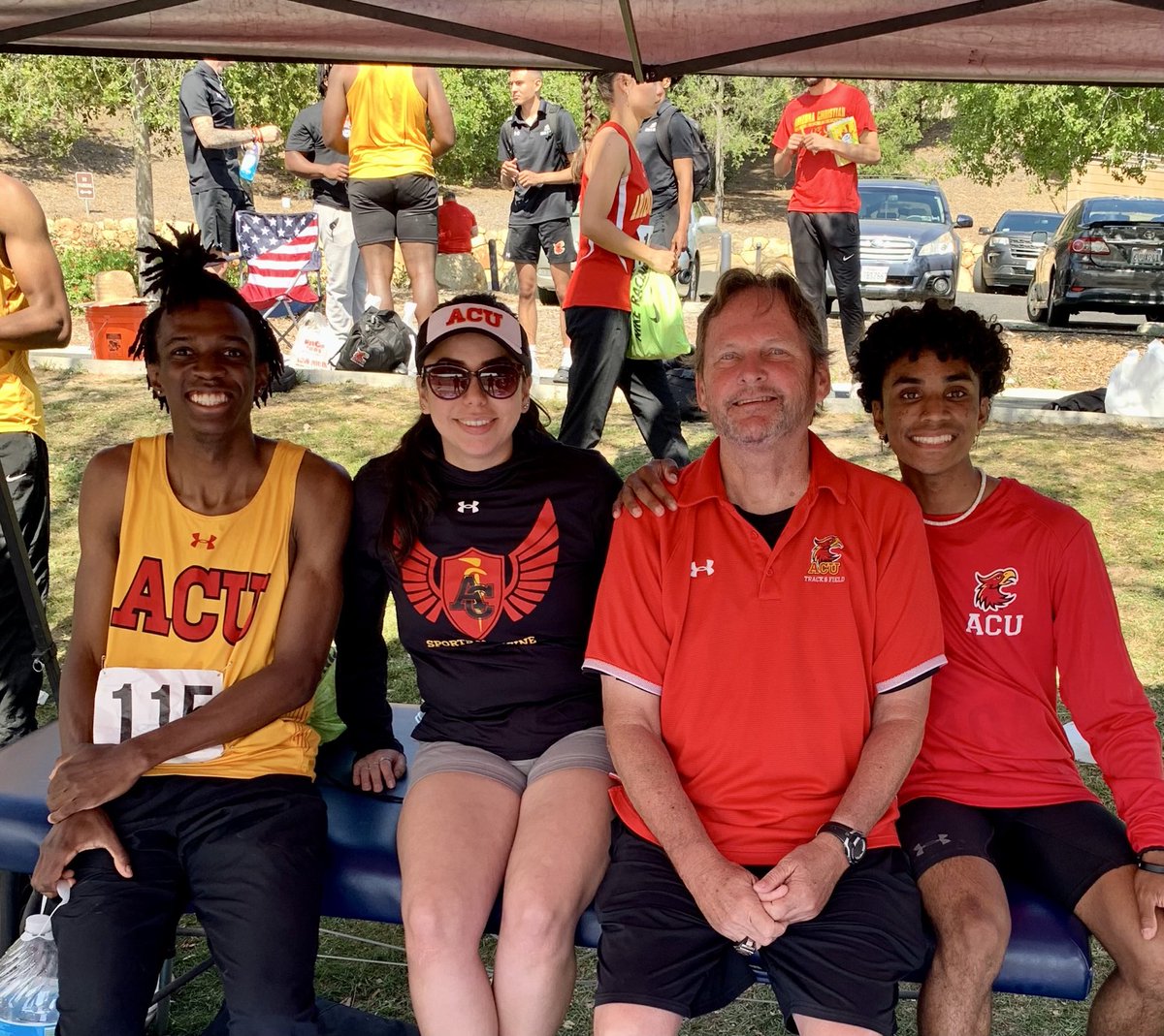 Left to right Donnie Joseph, trainer Victoria Perea, Coach Campbell, and Jordan Clayton. Donnie and Jordan were both awarded “all conference”athletes, for great efforts in the 4 x 4, hundred meter relay race!