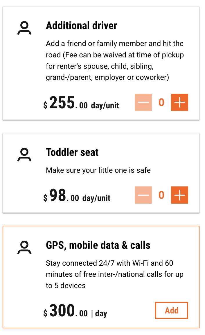 ma4jpb's tweet photo. Well played @SixtUSA... $255 a day, for an extra driver. $98 for a Toddler seat, and $300 for wifi! https://t.co/x2MpPKGrFw