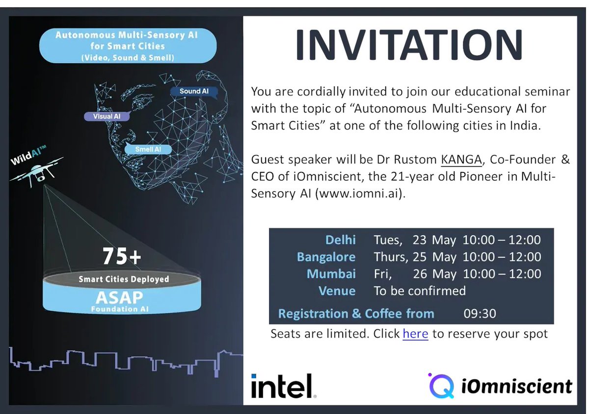 iOmniscient1's tweet image. iOmniscient Seminar Invitation in India
Please RSVP here: buff.ly/3LB66VI 

#India #MultiSensoryAI #VisualAI #ComputerVision #SmartCities #Tracking #FaceRecognition #VideoAnalytics #ArtificialIntelligence #AI #Autonomous #SmartIoT #AccessControl #BehaviorAnalytics