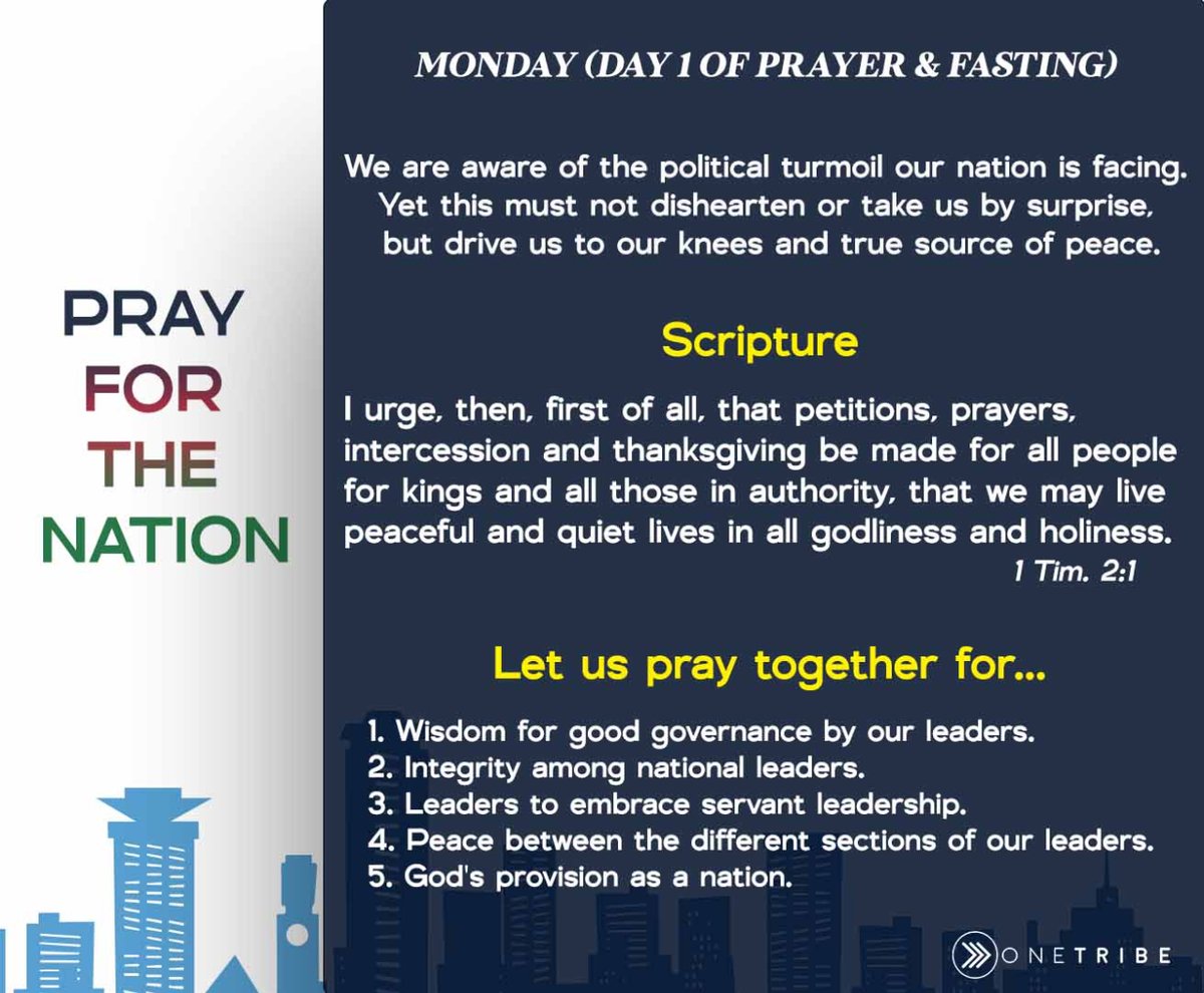 OneTribeChurch's tweet photo. Hey friends, it's the first day of our prayer and fasting moment! We're lifting up our nation Kenya in prayer today, and we'd love for you to join us. Let's seek God together!
.
#prayforkenya #africa #kenyapolitics #Maandamano #prayer #fasting #kenya https://t.co/2dtQQ8w1Wf