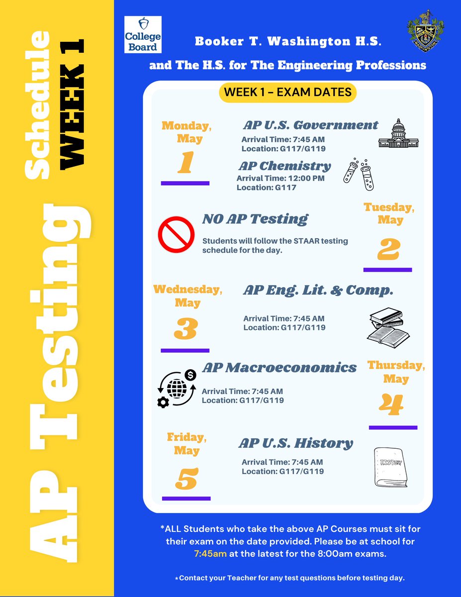 Tomorrow starts WEEK 1 Of AP Exams….Make sure you arrive early to school so you can grab your breakfast and we can start on time. Read the flyer for your dates, location, and times this week. Good Luck!!!👍🏾💙💛